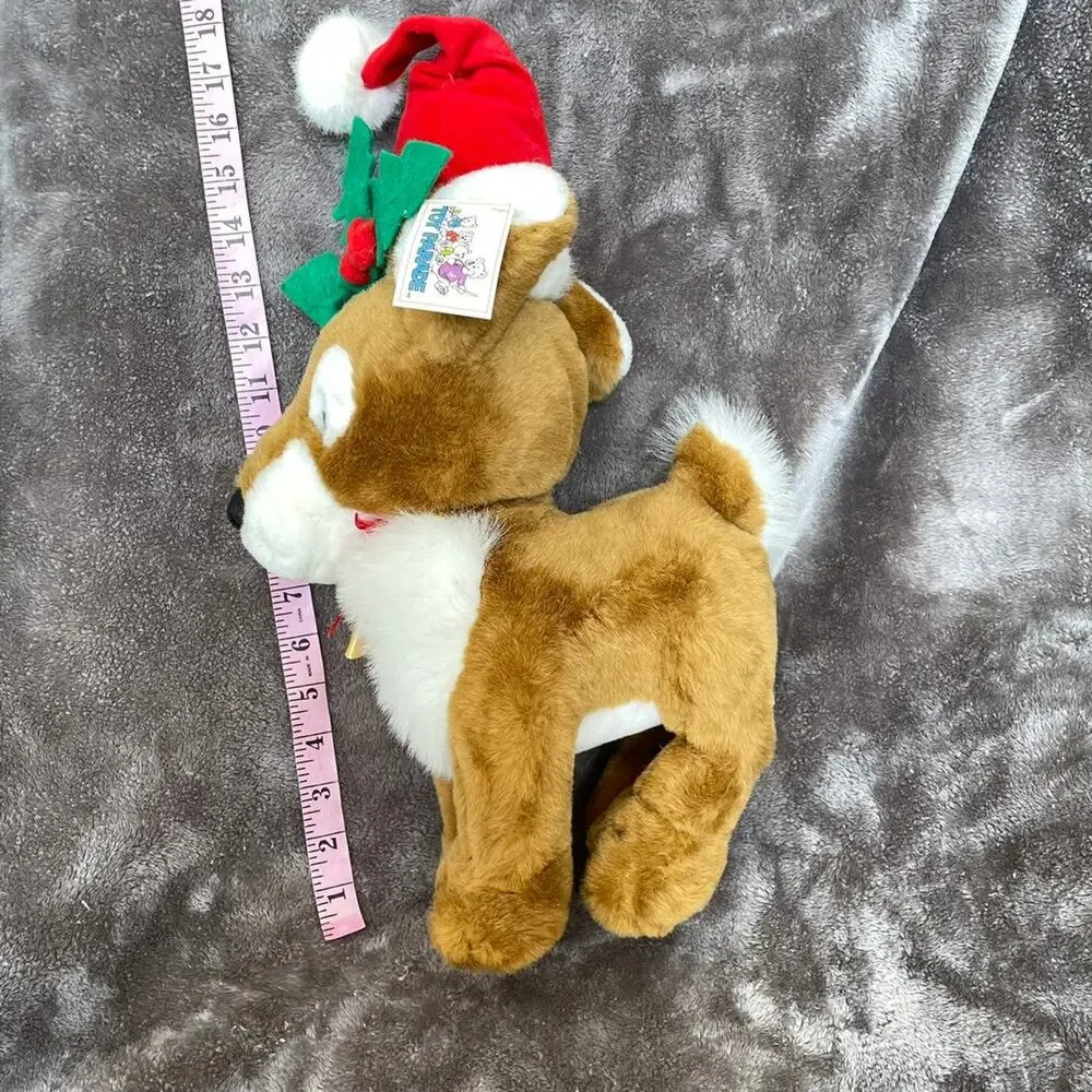 Vintage Reindeer Plush Christmas Stuffed Animal Wearing Santa Hat Toy TAGS